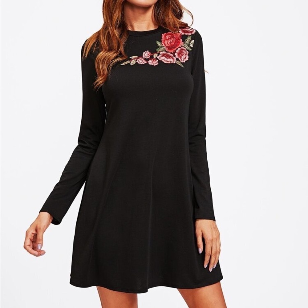 Little Black Dress With Flower Embroidery Appliqué